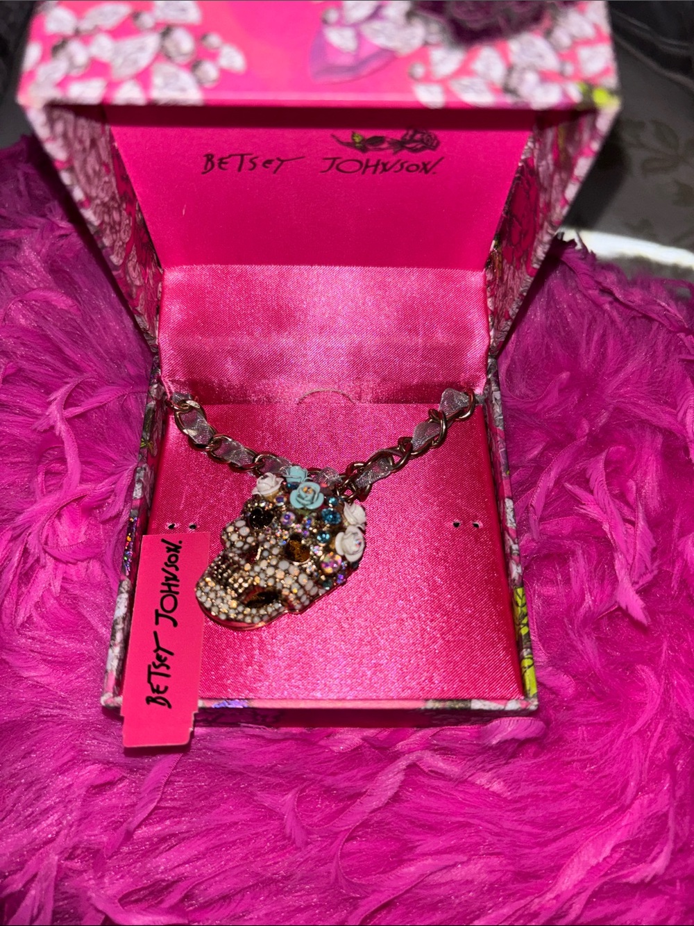 Retired Betsey Johnson Pink & Multicolor Crystal Skull Necklace